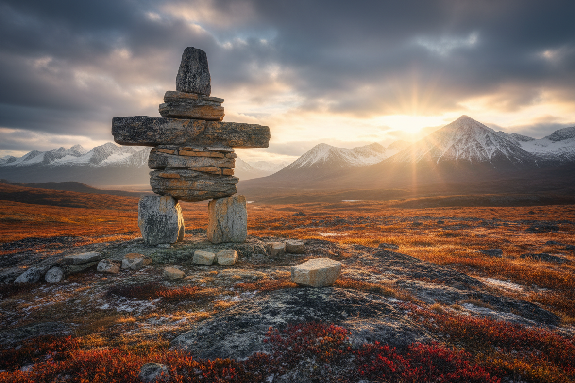Une photo réaliste d'un inuksuk (cairn de pierres inuit) dans un paysage nordique sauvage, ciel dramatique avec lumière dorée, ambiance calme et spirituelle, style photographie paysage, tons chauds et naturels