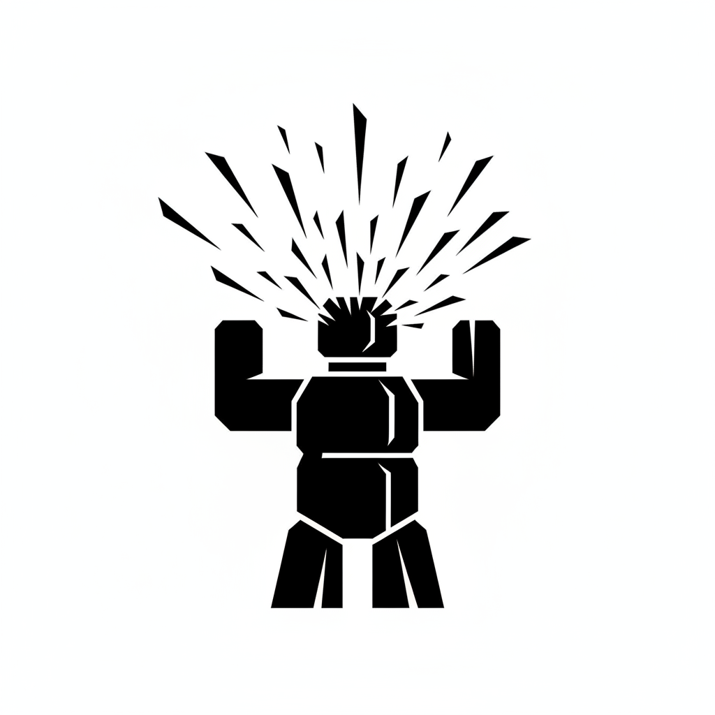 A single inuksuk figure, solid black, arms raised, on a pure white background. Small sharp black splinter/shard fragments radiate outward from around the head of the inuksuk, like an explosion or burst of energy, symbolizing trauma. Clean, minimal, no text, no color, just black on white. Geometric style.