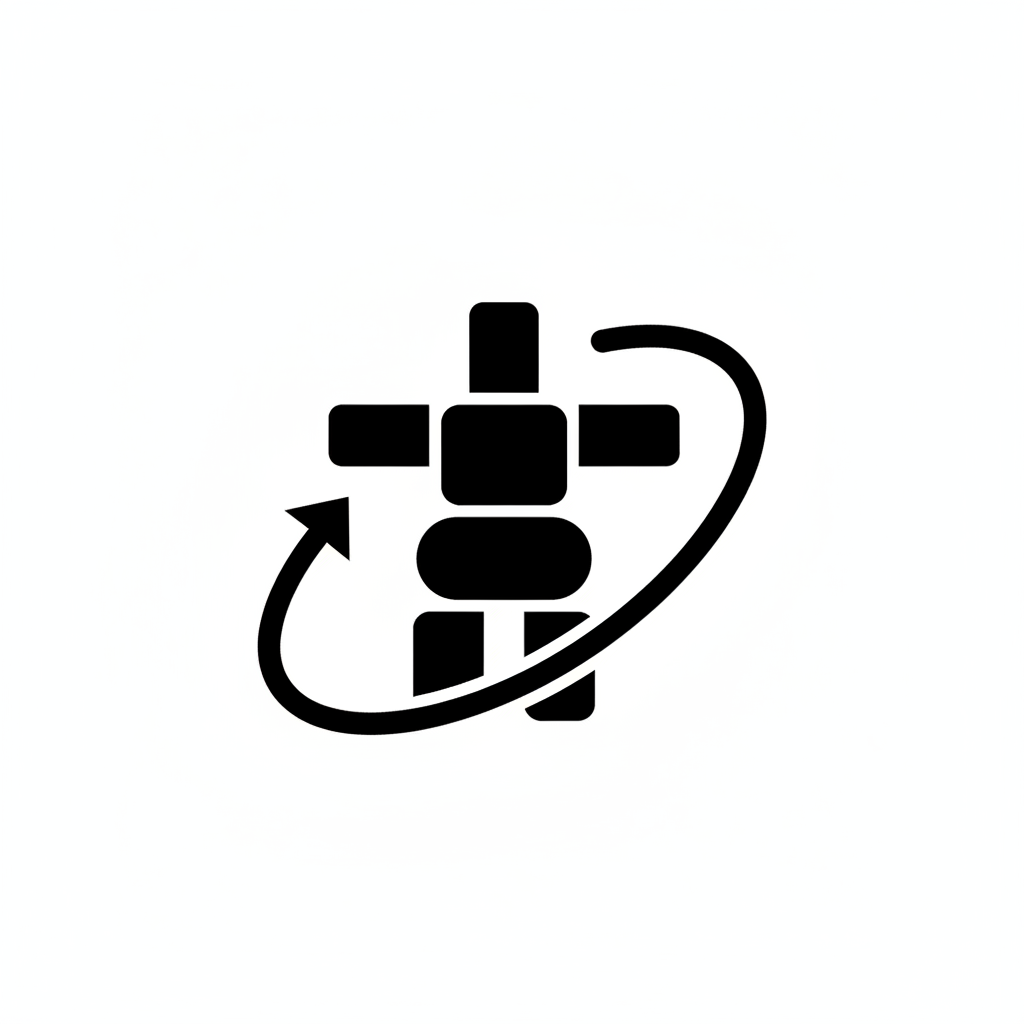 A minimalist black inukshuk figure on white background, same style as a clean geometric inukshuk with arms raised. Around the inukshuk, a circular arrow (like a spiral or orbit path) in solid black wraps around the figure, symbolizing a journey or path. No text, no color, pure black on white, flat graphic style, icon-like.