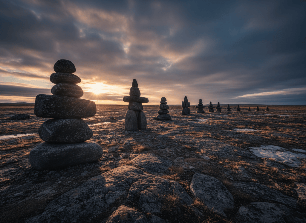 A powerful, photorealistic photograph of a large inukshuk stone figure standing on a rugged rocky landscape under a dramatic sky. The inukshuk is ancient, massive, made of dark stacked stones. The environment is raw and vast — open tundra or rocky terrain, low horizon, moody atmospheric light, perhaps golden hour or overcast dramatic clouds. The image conveys strength, resilience, guidance, and human presence in wilderness. No illustration style, no cartoon, no painting — purely photographic realism. Cinematic composition, high contrast, deeply emotional.